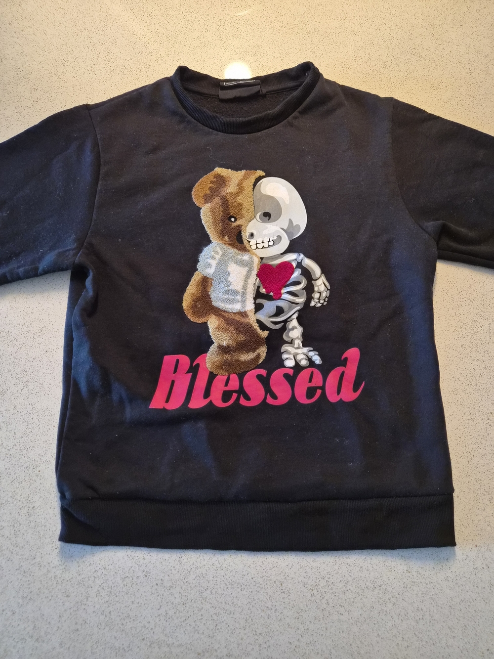 Men's Black Crewneck Sweatshirt with Teddy & Skeleton 'Blessed' Graphic